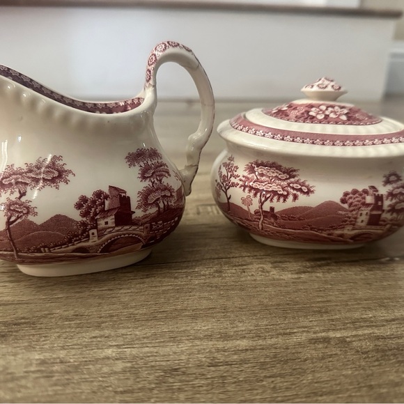 Copeland Spode's Tower, Pink/Red Mini Creamer & Lidded Sugar Box, c1920-1930s - Picture 4 of 9